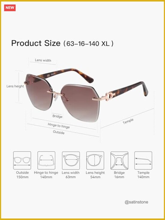 Oversized Rimless Sunglasses Geometric Diamond Cutting Gradient Lens UV main image 3
